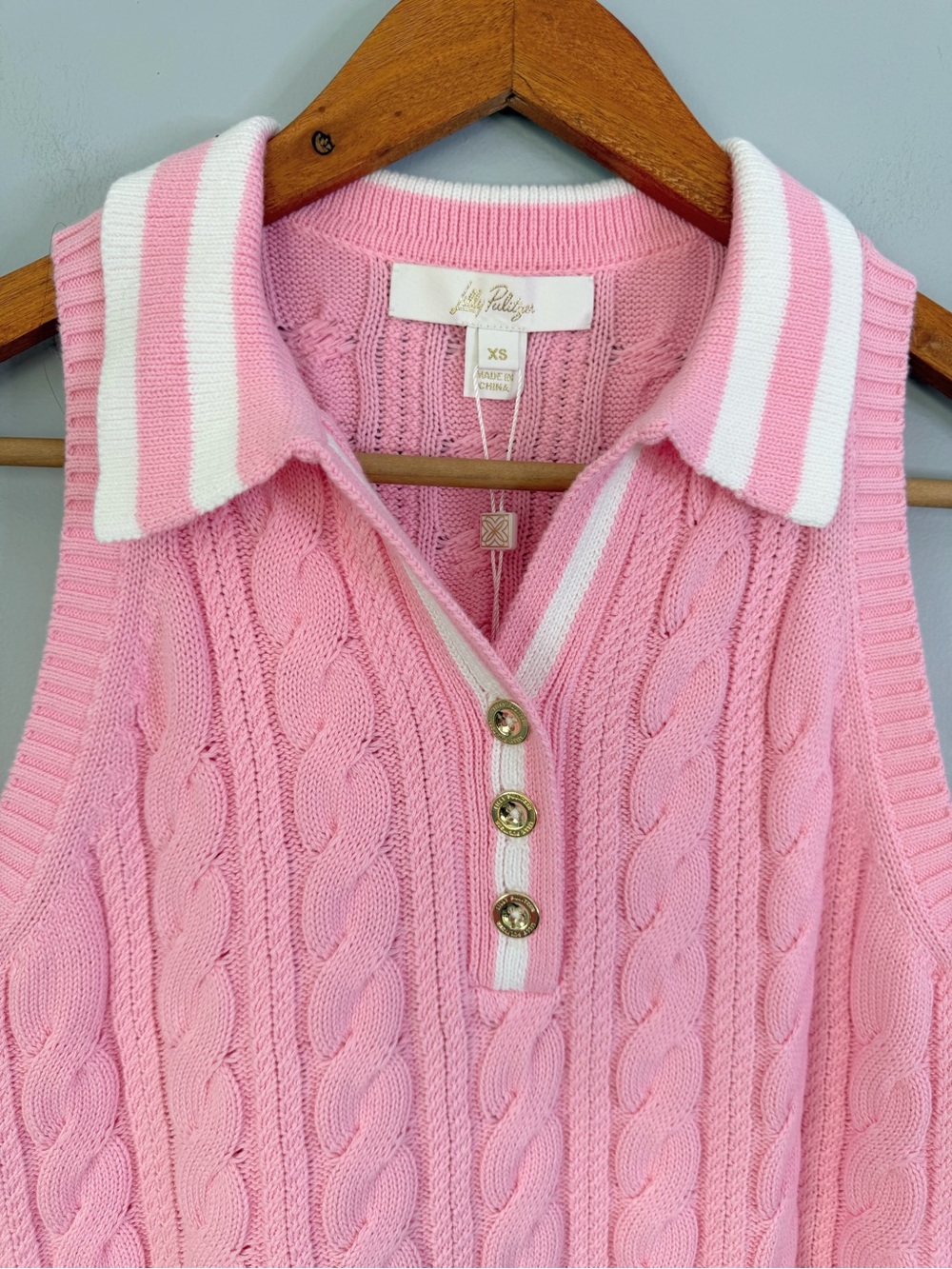 Lilly Pulitzer Suzette Polo Sweater Tank Conch Shell Pink Resort White XS Cable - Picture 2 of 9
